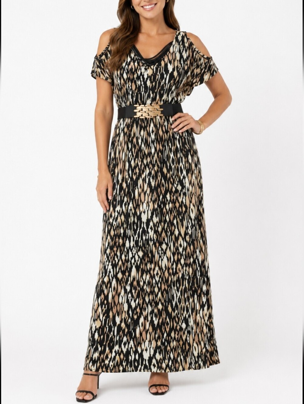 Spence ~Woman Size S~ Beige/Brown Animal Print  Maxi Dress Elastick Waist.